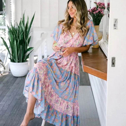 Women Vintage Pink Bohemian Maxi Dress - Mad Fly Essentials