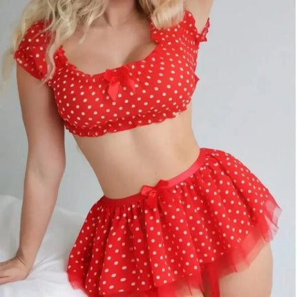 Lingerie Set Women Polka Dot Off Shoulder Mini Skirt - Lingerie Set - Ellolace - Mad Fly Essentials