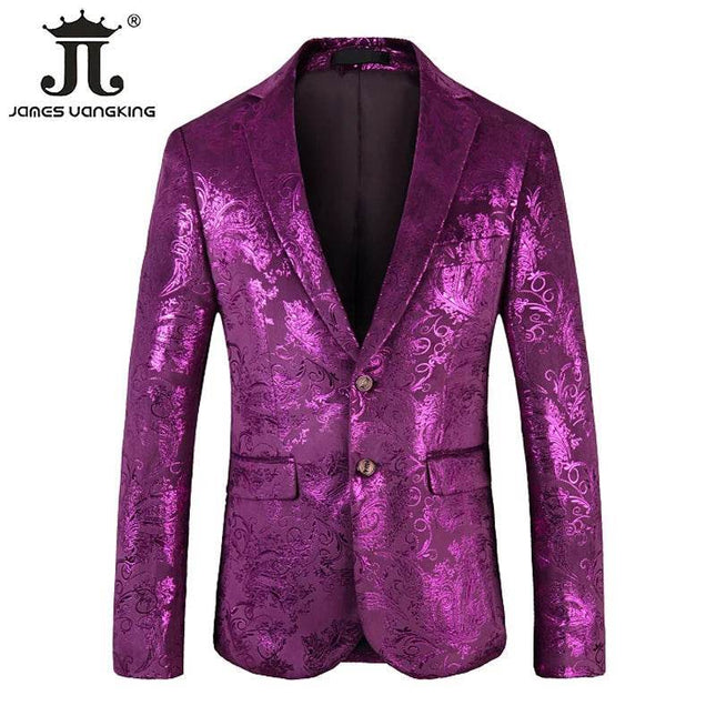 Men Velvet Silver Purple Blue Business Formal Paisley Blazer - Mad Fly Essentials