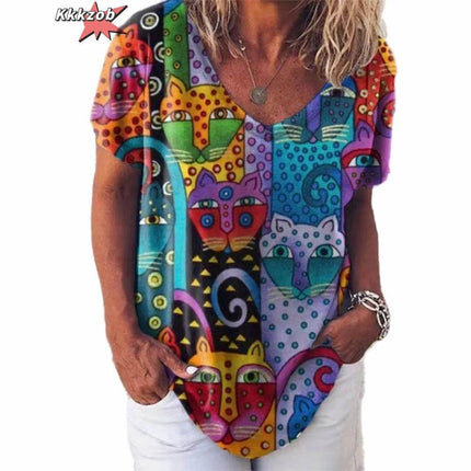 Women Fashion Abstract 3D Cat Animal Tees - Mad Fly Essentials