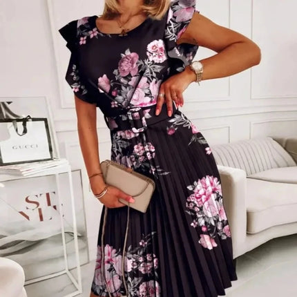 Women Fashion Vacation Casual Floral Pleated Dress