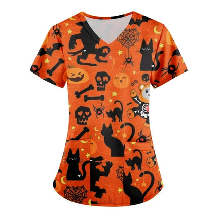 Nursing Scrub Women Halloween Black Cat Vet Medical Scrubs - Nursing Scrub - Hennar - Mad Fly Essentials