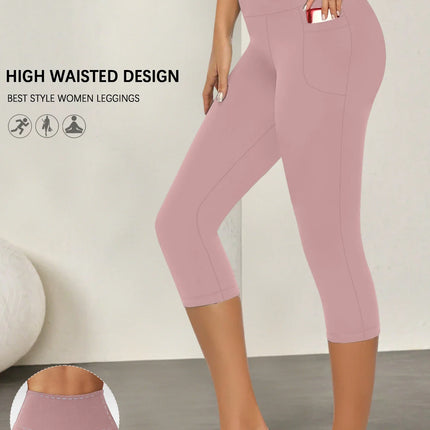 Fitness Leggings Women Pocket 3/4 Solid Capris - Fitness Leggings - Cloud Hide - Mad Fly Essentials
