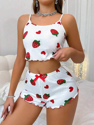 Women Strawberry Heart Homewear 2pc Pajama Set - Mad Fly Essentials