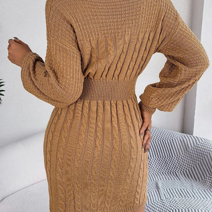 Women Solid Woolen Khaki Hollow Sweater Dress