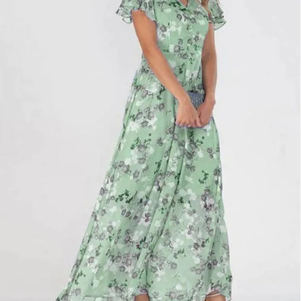 Maxi Dress Women Short Pink Floral Chiffon Ruffle Dress - Maxi Dress - Siddons - Mad Fly Essentials