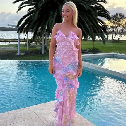 Women 2024 Colorful Ruffle Spring Sling Beach Dress