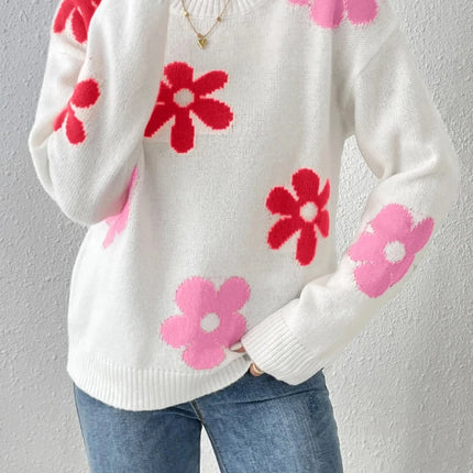 Women Crew-Neck Floral Crop Top Sweater