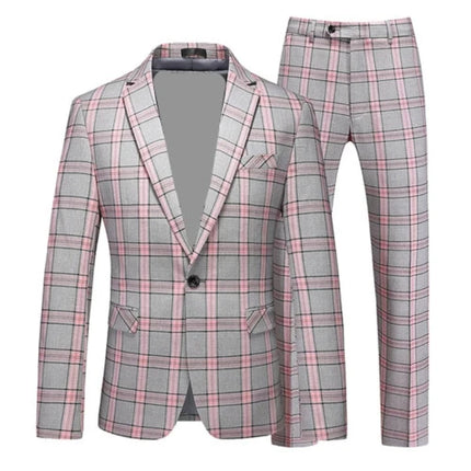 Men Red Striped Plaid 3pc Suit Dress Blazer Pants Vest Set