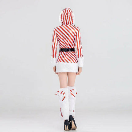 Women Christmas 3Pcs Hooded Striped-Mrs-Claus Dress - Women's Shop Mad Fly Essentials
