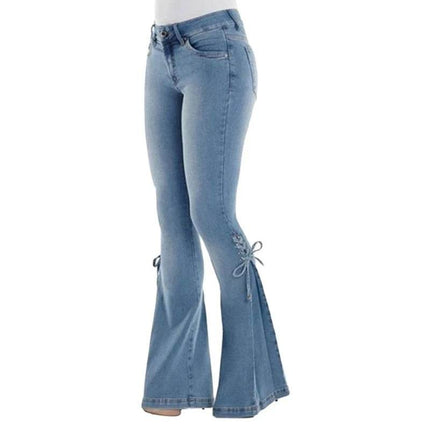 Women Mid Waist Elastic Denim Flare Jeans - Mad Fly Essentials