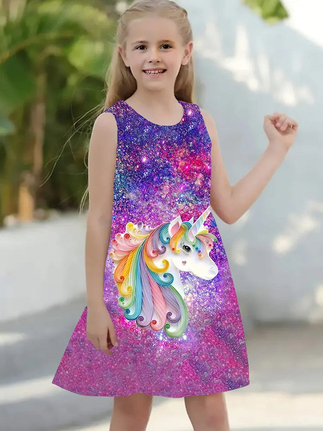 Girl 2-7T Casual Sleeveless Unicorn Cartoon Party Dress