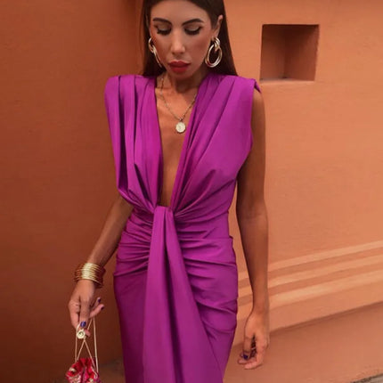 Women 2024 Deep V Purple Long Pleaded Maxi Dress