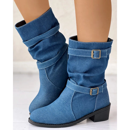 Women's Fashion Denim Round Toe Buckle Boots