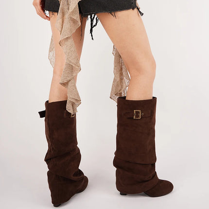 Boots Women Brown Leather Buckle Low Heel Footwear - Boots - Onlymaker - Mad Fly Essentials