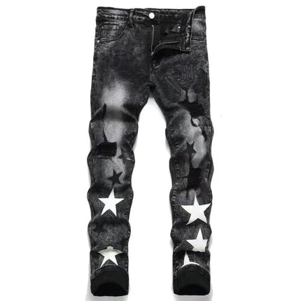 Men's Star Embroidered Leather Micro-Channel Jeans
