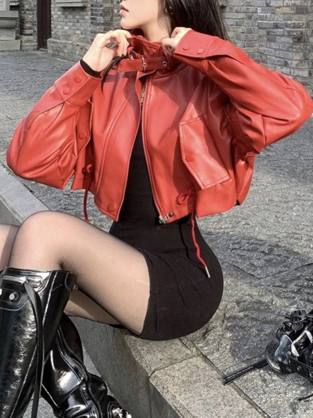 Women Red Cropped Leather Motorcycle Jacket