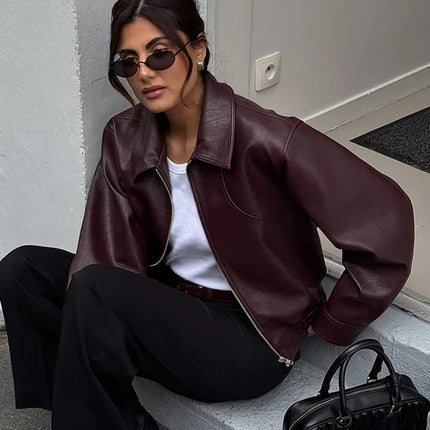 Jacket Women Vintage Wine Red Leather Lapel Outerwear - Jacket - Hageofly - Mad Fly Essentials