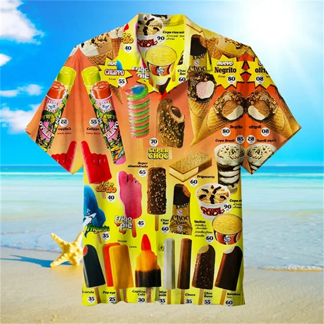 Men Lapel Funny 3D Ice Cream Hawaiian Shirts