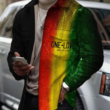 Person wearing a colorful jacket with 'ONE LOVE' text, standing outdoors.

