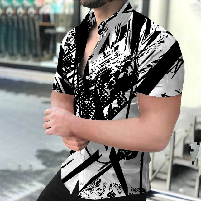 Men Lapel Hawaiian-3D Black-White Shirts