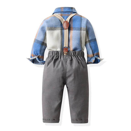 Boys Long Plaid Top+Suspenders Gentleman Outfit Sets - Mad Fly Essentials