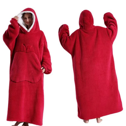 Red hooded blanket worn by a person, shown from front and back on a white background

