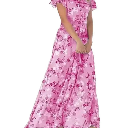 Maxi Dress Women Short Pink Floral Chiffon Ruffle Dress - Maxi Dress - Siddons - Mad Fly Essentials