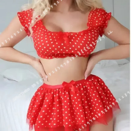 Lingerie Set Women Polka Dot Off Shoulder Mini Skirt - Lingerie Set - Ellolace - Mad Fly Essentials