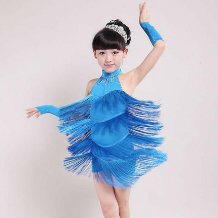 Baby Girl 4-11yo Solid Tassel Latin Salsa Party Dance Performance Dress - Kids Shop Mad Fly Essentials