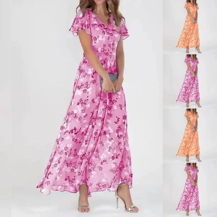 Women's Short Pink Floral Chiffon Ruffle Dress