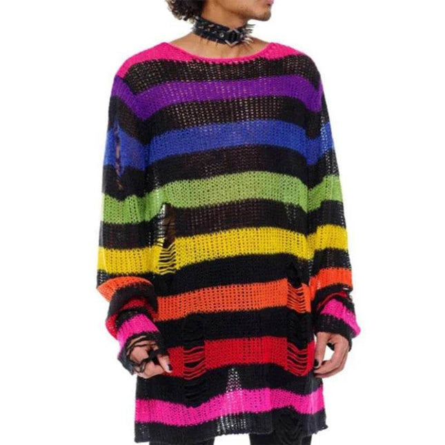 Women Gothic Striped Hollow Long Sweater - Mad Fly Essentials