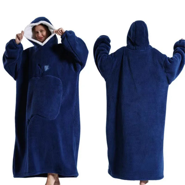 Blue fleece blanket with hood shown from front and back on a white background

