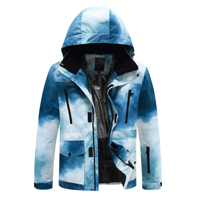 Women Tie-Dye Blue Hooded Ski Snowboarding Jacket
