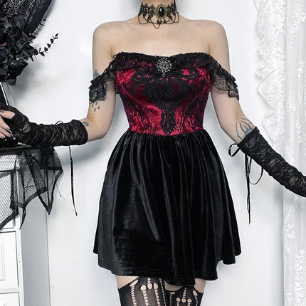 Women Gothic Lace One Shoulder Swing Dress