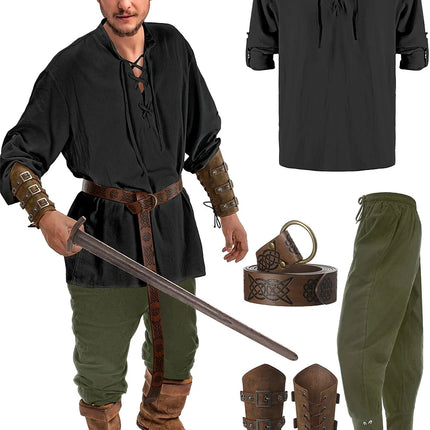 Men Retro Medieval Viking Top Pants Pirate Outfits