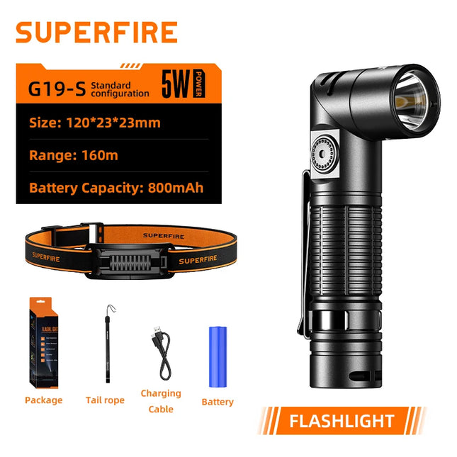 SUPERFIRE G19-S Rechargeable Flashlight 90° angle Head Lamp