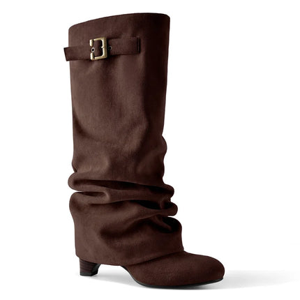 Boots Women Brown Leather Buckle Low Heel Footwear - Boots - Onlymaker - Mad Fly Essentials