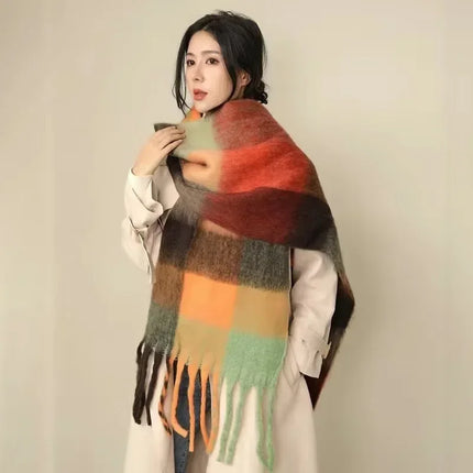 Women Winter Rainbow Plaid Wool Scarf