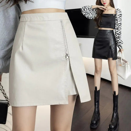 Women's Black White Leather Mini Skirt