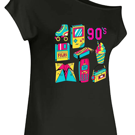 Shirt Women Off-Shoulder 90s Retro Graphic Tee - Shirt - Mnealways18 - Mad Fly Essentials