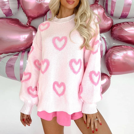 Women O-Neck Hearts Loose Pullover Sweater