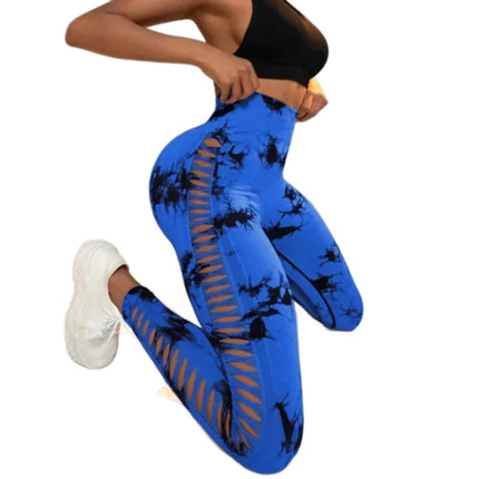Women Sea Blue Tie-Dye Hollow Out Fitness Leggings