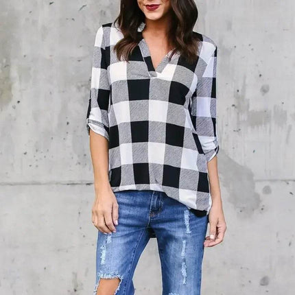 Women Fashion Plaid V-neck Sweatshirt - Mad Fly Essentials