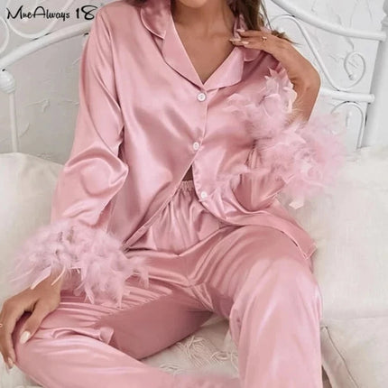 Women Feather Long 2pc Pajama Sleepwear Set