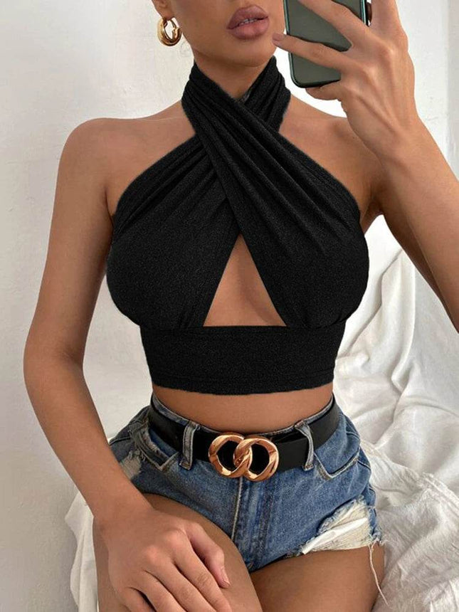 Women White Black Criss Cross Crop Top - Mad Fly Essentials