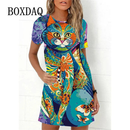 Mini Dress Women 3D Graffiti Cat Peacock Animal Dress - Mini Dress - Boxdaq - Mad Fly Essentials