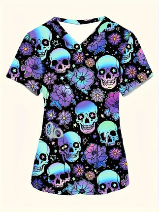 Nursing Scrub Women Halloween Skull Print Medical Uniform - Nursing Scrub - AltGoth - Mad Fly Essentials