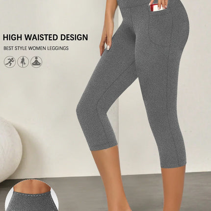 Fitness Leggings Women Pocket 3/4 Solid Capris - Fitness Leggings - Cloud Hide - Mad Fly Essentials