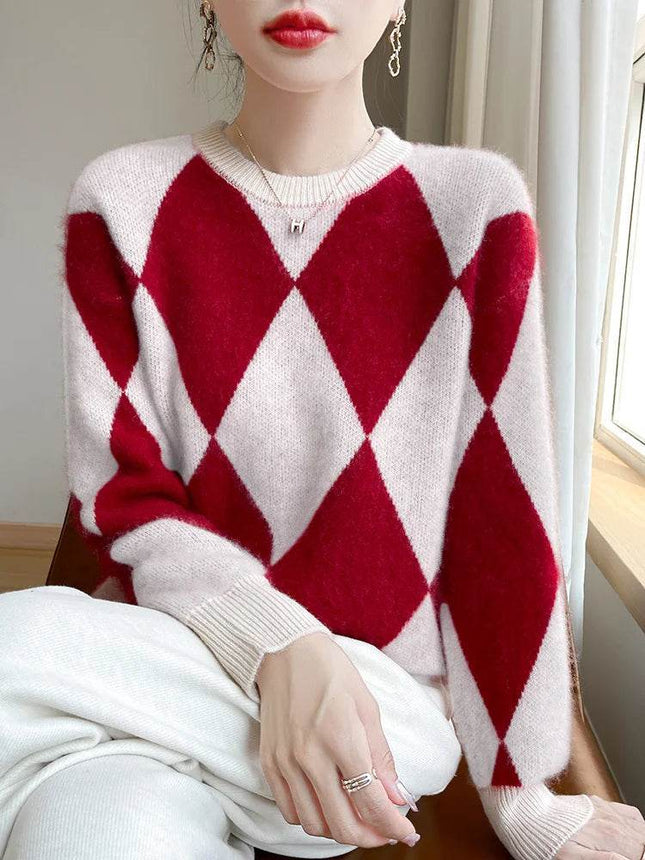 Women Crewneck Long French Plaid Sweater - Mad Fly Essentials